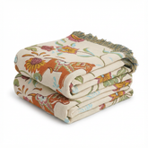 Koc Bawełniany z Frędzlami | Narzuta Dekoracyjna | Motyw Kwiatowy i Zwierzęcy