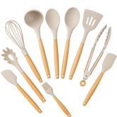 Zestaw przyborów kuchennych Silikonowy | Akcesoria do gotowania z drewnianą rączką | Odporność na temperaturę do 232°C