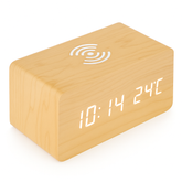 Drewniany Budzik LED | Japandi Styl | Ładowanie Bezprzewodowe i Sterowanie Głosem