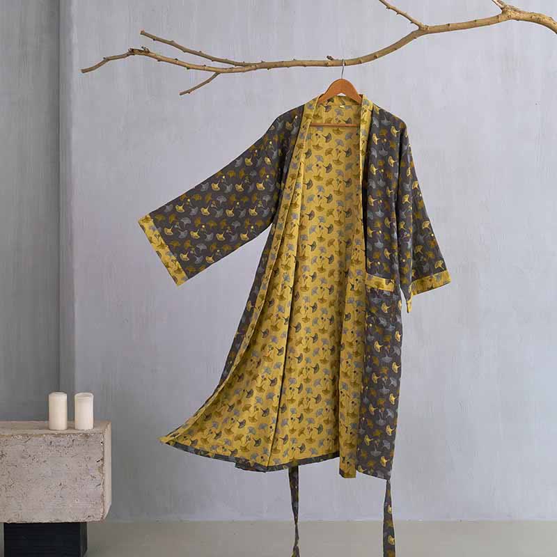 Szlafrok kimono z bawełnianej gazy | Dwustronny | Motyw liści miłorzębu