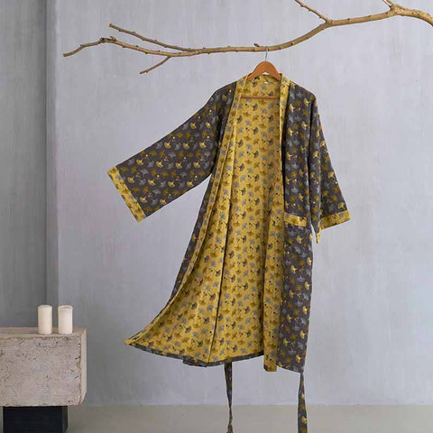 Szlafrok kimono z bawełnianej gazy | Dwustronny | Motyw liści miłorzębu