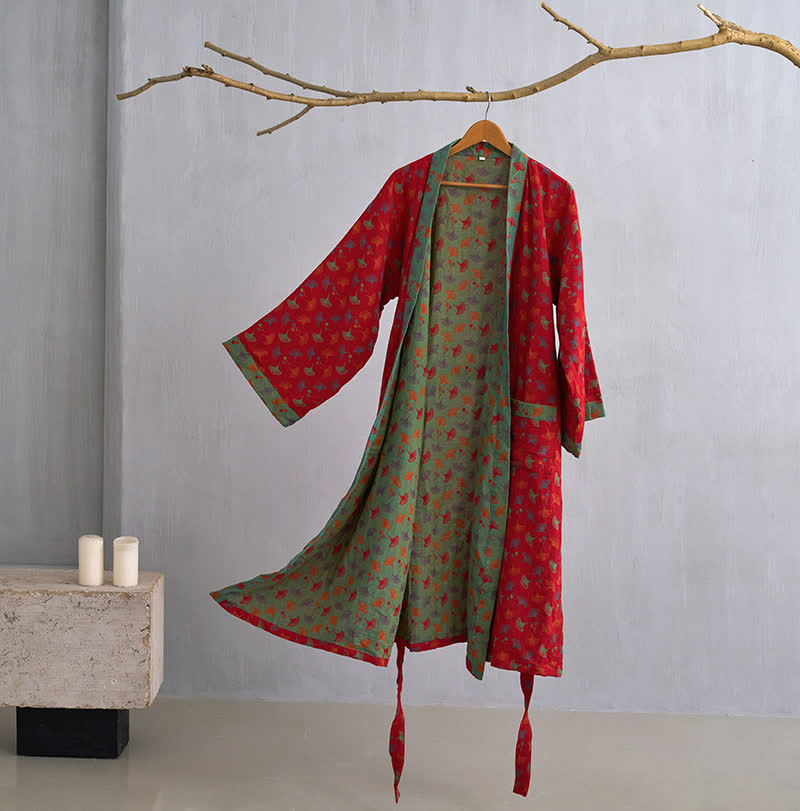 Szlafrok kimono z bawełnianej gazy | Dwustronny | Motyw liści miłorzębu