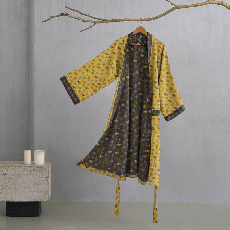 Szlafrok kimono z bawełnianej gazy | Dwustronny | Motyw liści miłorzębu