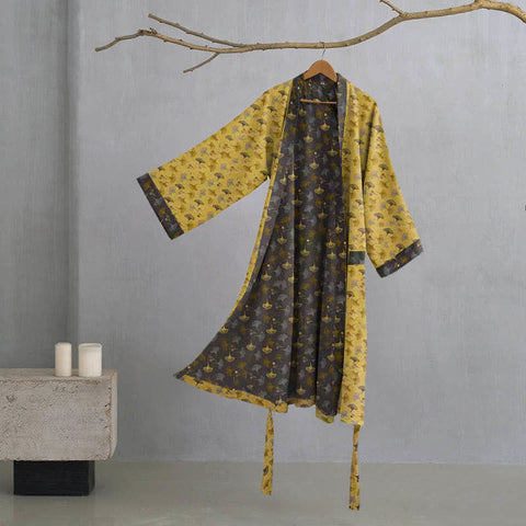 Szlafrok kimono z bawełnianej gazy | Dwustronny | Motyw liści miłorzębu