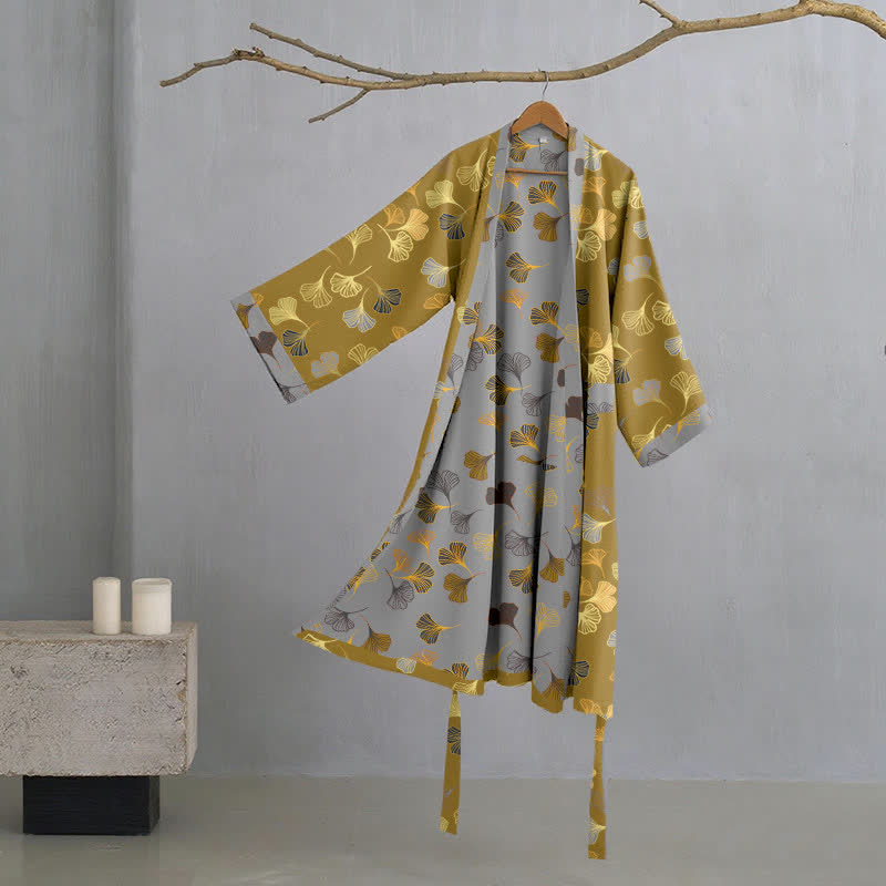 Szlafrok z liściem miłorzębu | Kimono bawełniane | Dwuwarstwowy muślin organiczny
