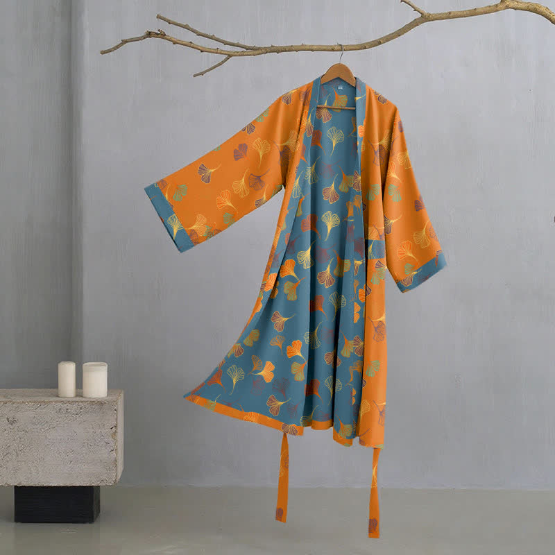 Szlafrok z liściem miłorzębu | Kimono bawełniane | Dwuwarstwowy muślin organiczny