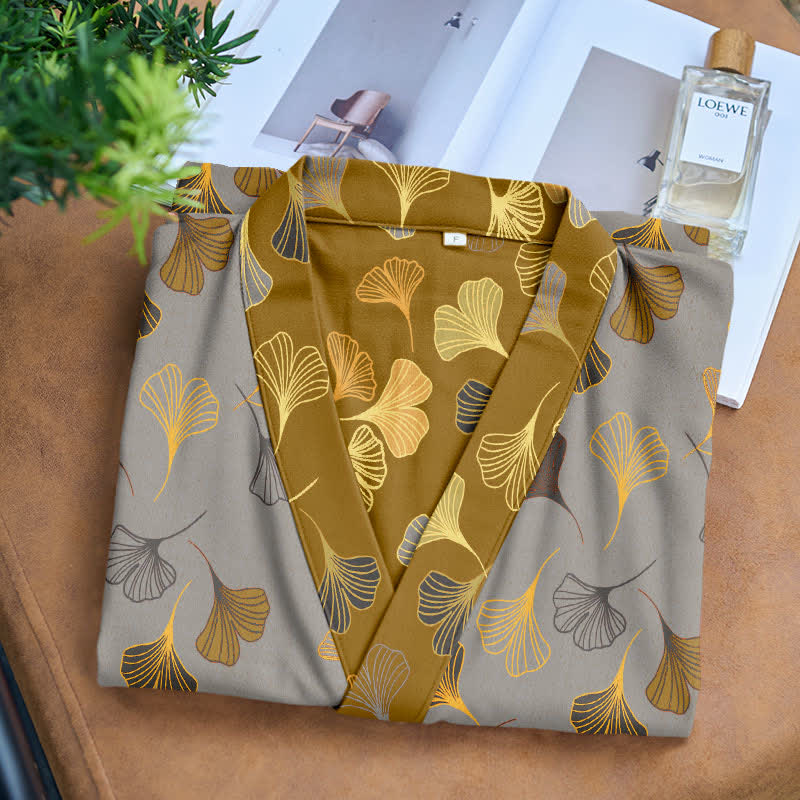 Szlafrok z liściem miłorzębu | Kimono bawełniane | Dwuwarstwowy muślin organiczny