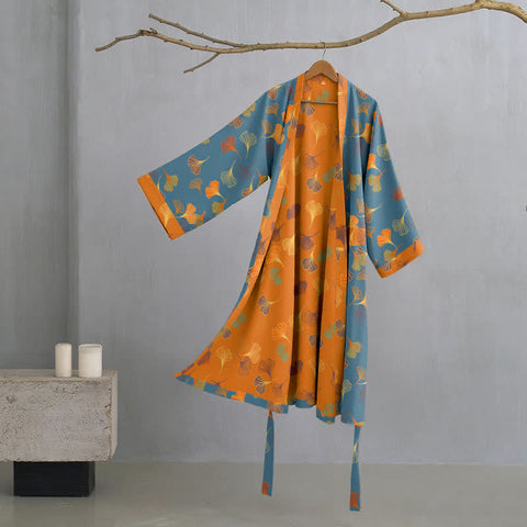 Szlafrok z liściem miłorzębu | Kimono bawełniane | Dwuwarstwowy muślin organiczny