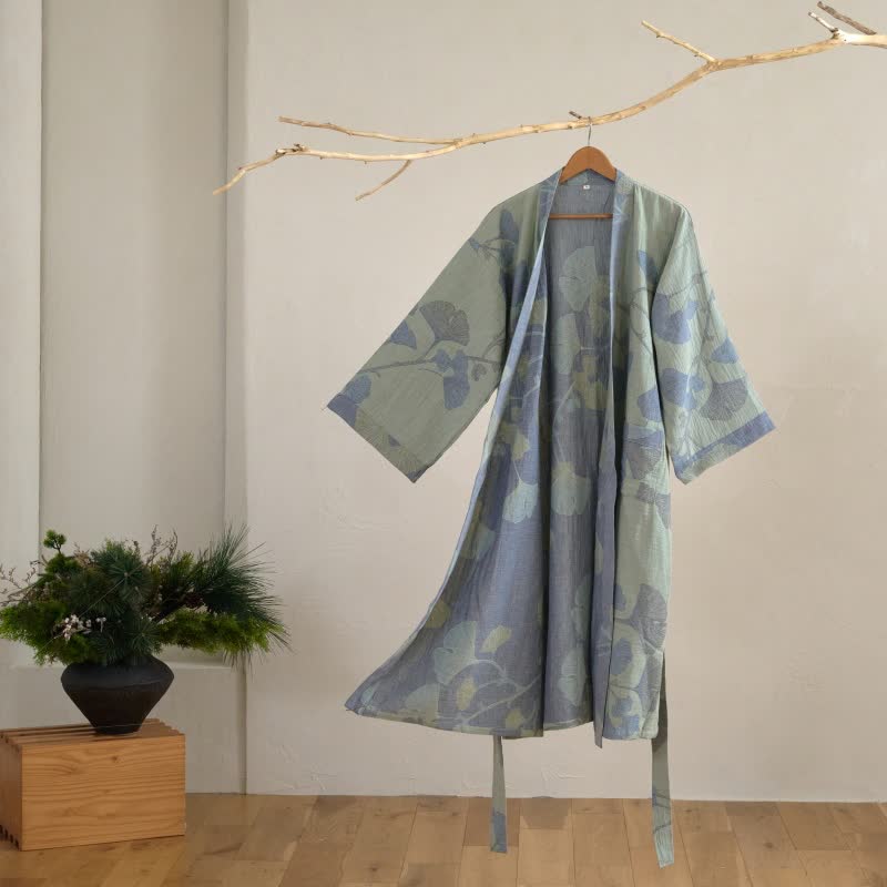 Szlafrok kimono z miłorzębem | Dwustronny z bawełny organicznej | Czerwień & Zieleń