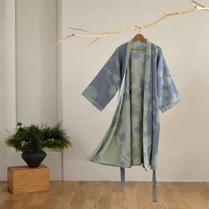 Szlafrok kimono z miłorzębem | Dwustronny z bawełny organicznej | Czerwień & Zieleń