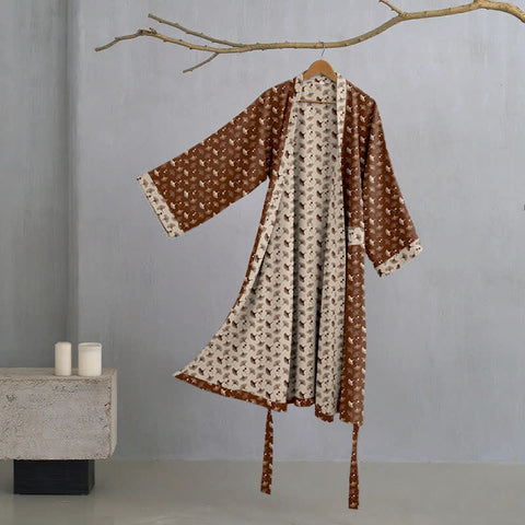 Szlafrok kimono z bawełnianej gazy | Dwustronny | Motyw liści miłorzębu
