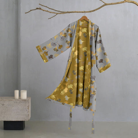 Szlafrok z liściem miłorzębu | Kimono bawełniane | Dwuwarstwowy muślin organiczny