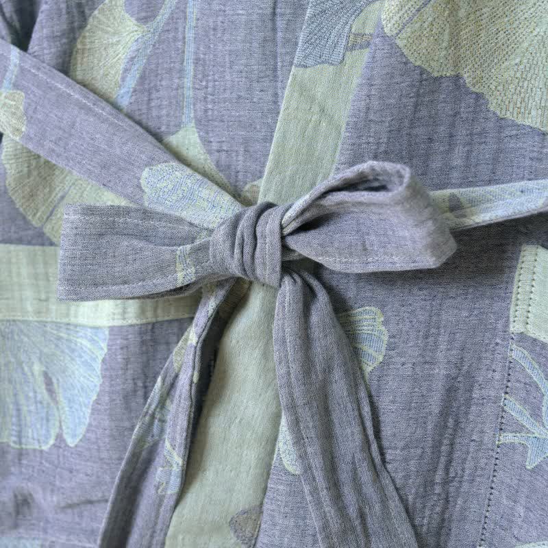 Szlafrok kimono z miłorzębem | Dwustronny z bawełny organicznej | Czerwień & Zieleń