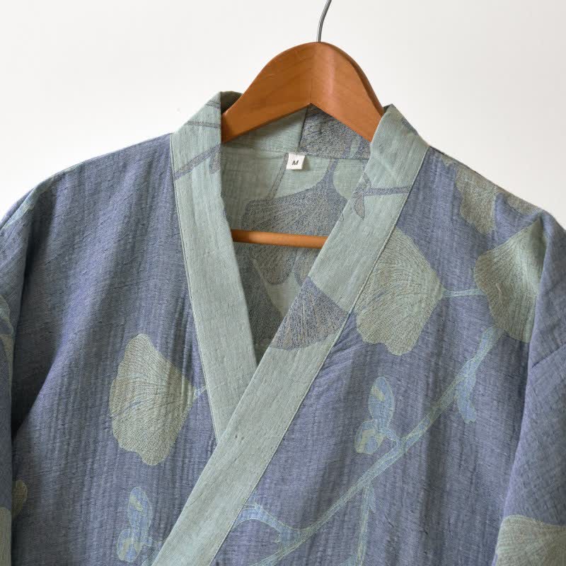 Szlafrok kimono z miłorzębem | Dwustronny z bawełny organicznej | Czerwień & Zieleń