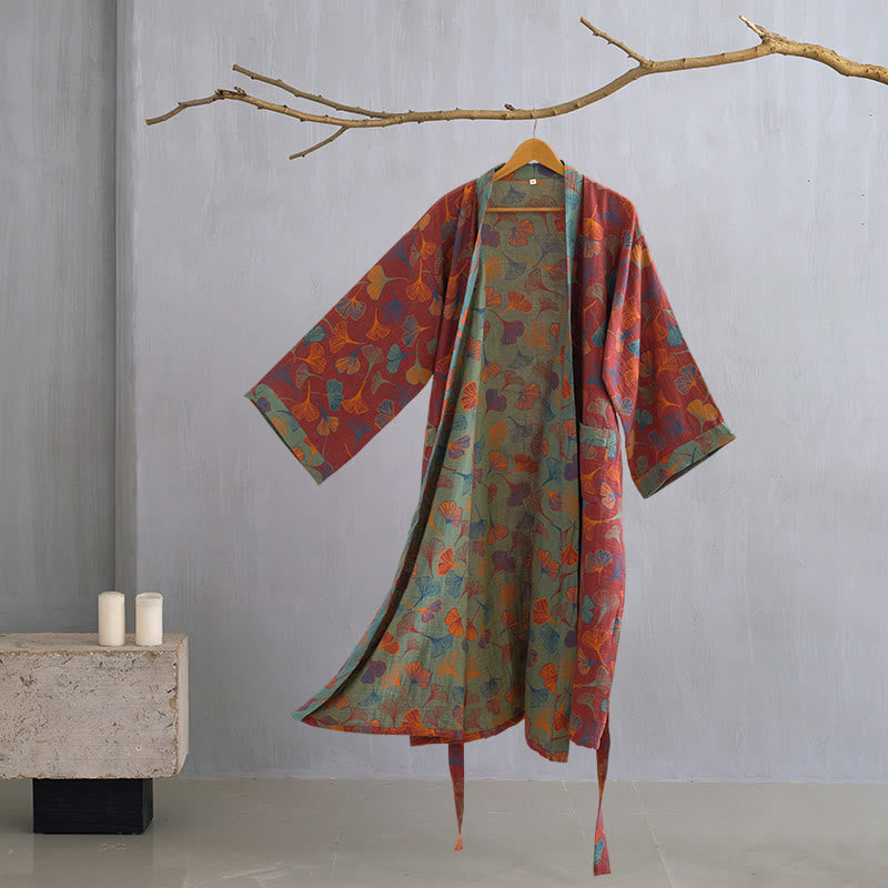 Szlafrok z liściem miłorzębu | Kimono bawełniane | Dwuwarstwowy muślin organiczny