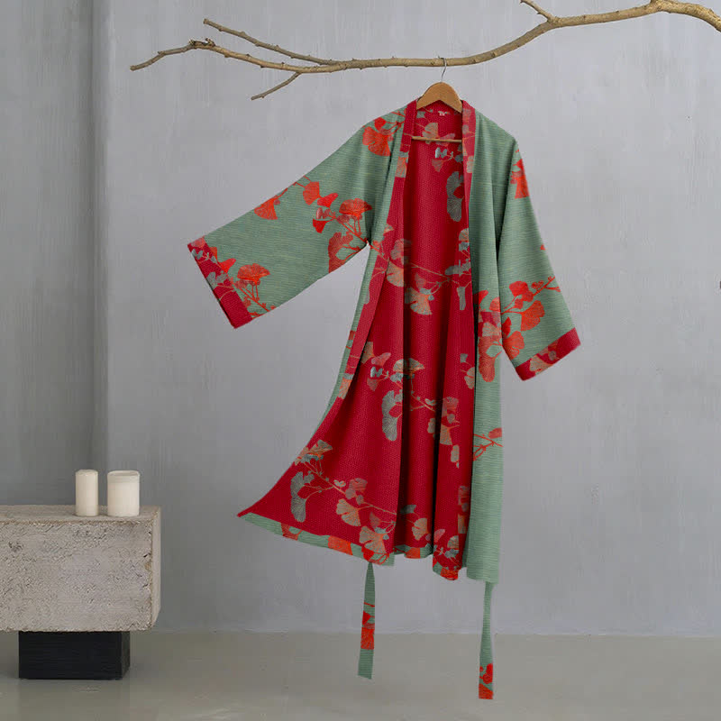 Szlafrok kimono z miłorzębem | Dwustronny z bawełny organicznej | Czerwień & Zieleń