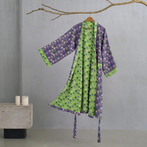 Szlafrok kimono z bawełnianej gazy | Dwustronny | Motyw liści miłorzębu