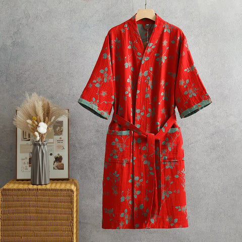 Szlafrok yukata z motywem roślinnym | Kimono domowe | Bawełna muślinowa dwuwarstwowa