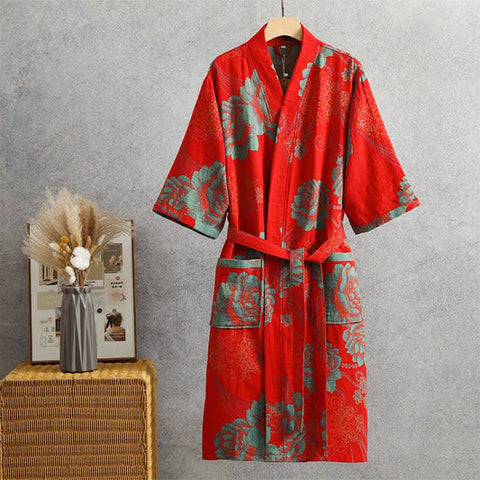 Szlafrok kimono z wzorem liści | Luksusowa odzież domowa | Bawełna dwuwarstwowa