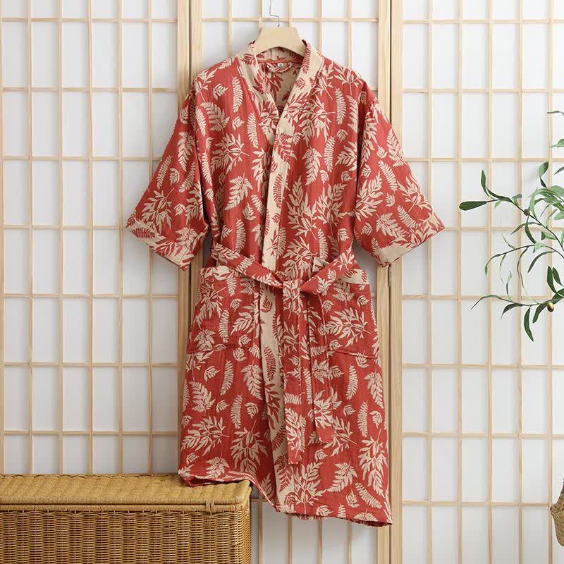 Szlafrok w stylu yukata | Bawełniany kimono z liśćmi | Dwuwarstwowa tkanina