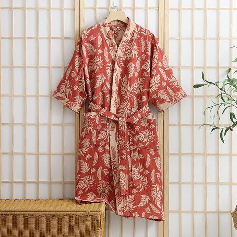 Szlafrok w stylu yukata | Bawełniany kimono z liśćmi | Dwuwarstwowa tkanina