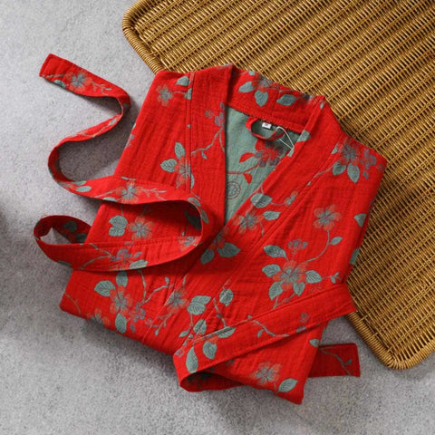 Szlafrok yukata z motywem roślinnym | Kimono domowe | Bawełna muślinowa dwuwarstwowa