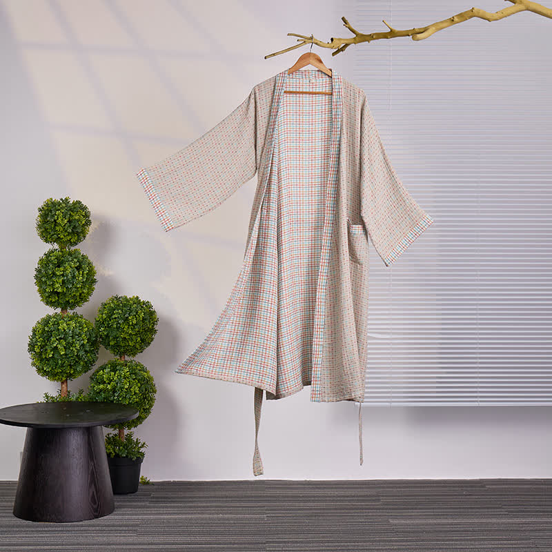 Szlafrok dwustronny w kratkę | Kimono bawełniane | Organiczna gaza dwuwarstwowa