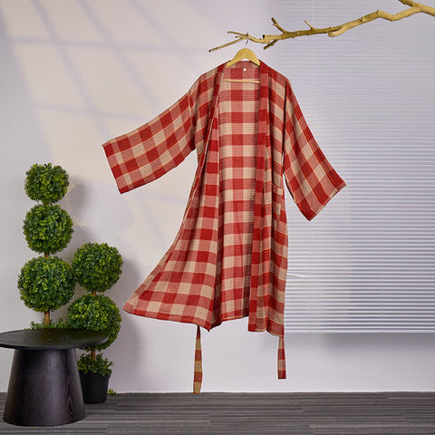 Szlafrok dwustronny w kratkę | Kimono bawełniane | Organiczna gaza dwuwarstwowa