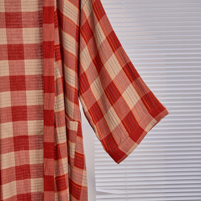 Szlafrok dwustronny w kratkę | Kimono bawełniane | Organiczna gaza dwuwarstwowa