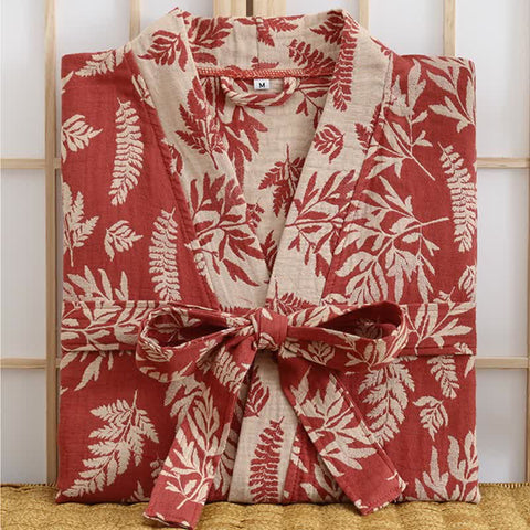 Szlafrok w stylu yukata | Bawełniany kimono z liśćmi | Dwuwarstwowa tkanina