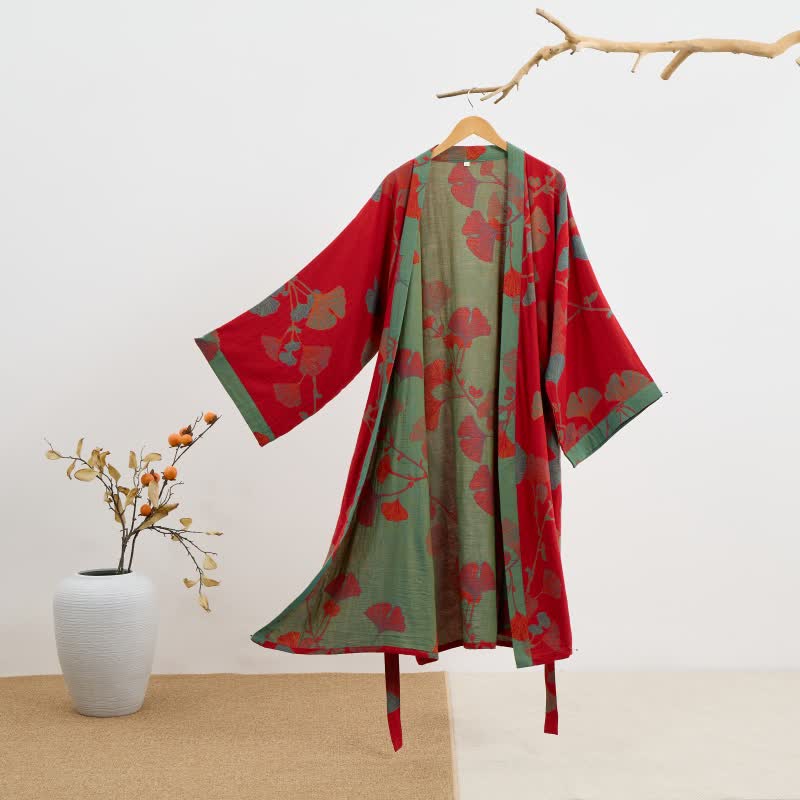 Szlafrok kimono z miłorzębem | Dwustronny z bawełny organicznej | Czerwień & Zieleń