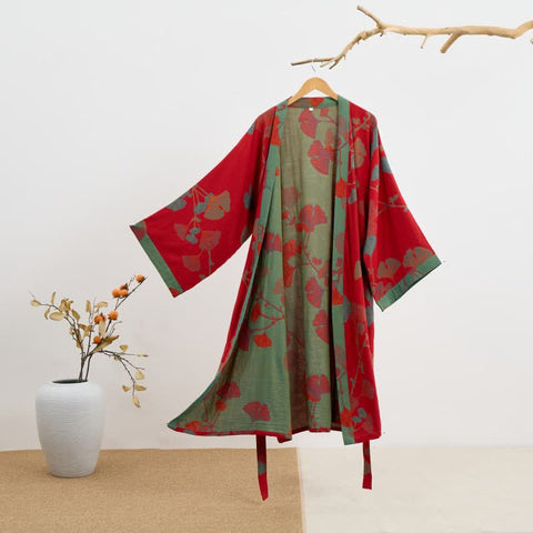 Szlafrok kimono z miłorzębem | Dwustronny z bawełny organicznej | Czerwień & Zieleń