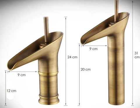 Bateria umywalkowa Vellor | Wodospadowa armatura łazienkowa | Retro mosiądz