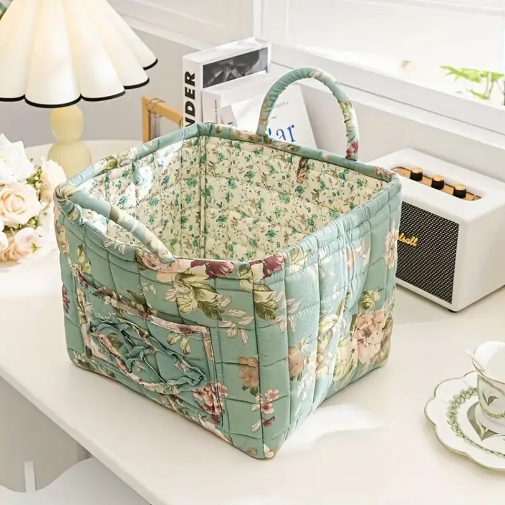 VintageBloom Organizer | Kosz na Tekstylia | Pikowany Bawełniany Kosz z Uchwytem