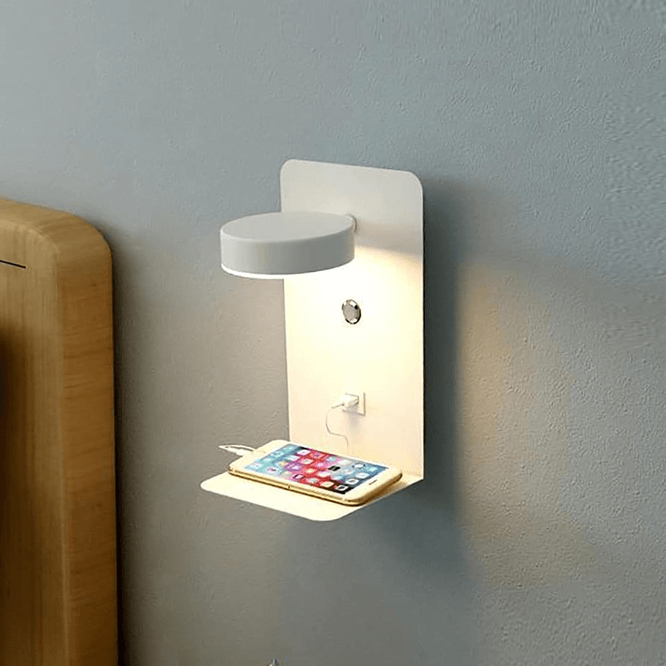 Lampka Ścienna z Półką i USB | Nowoczesne Oświetlenie | Regulowane Światło