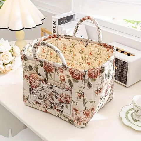VintageBloom Organizer | Kosz na Tekstylia | Pikowany Bawełniany Kosz z Uchwytem