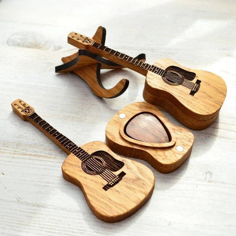 Pudełko na Kostki Gitara | Organizer Muzyczny | Ręcznie Grawerowane Drewno Dębowe