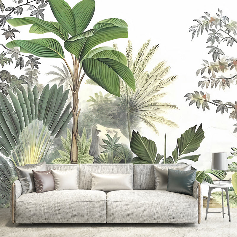 Tapeta Palmera Tropikalna | Dekoracja Botaniczna | Flizelina Zielona z Liśćmi w Stylu Ilustracyjnym
