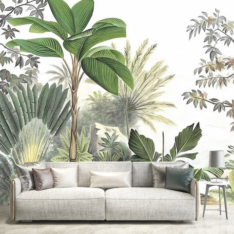 Tapeta Palmera Tropikalna | Dekoracja Botaniczna | Flizelina Zielona z Liśćmi w Stylu Ilustracyjnym