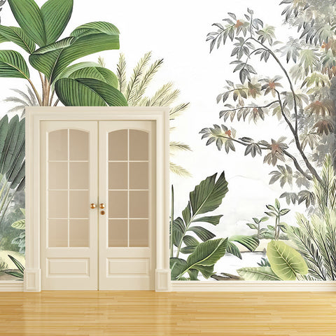 Tapeta Palmera Tropikalna | Dekoracja Botaniczna | Flizelina Zielona z Liśćmi w Stylu Ilustracyjnym