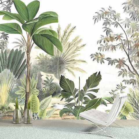 Tapeta Palmera Tropikalna | Dekoracja Botaniczna | Flizelina Zielona z Liśćmi w Stylu Ilustracyjnym