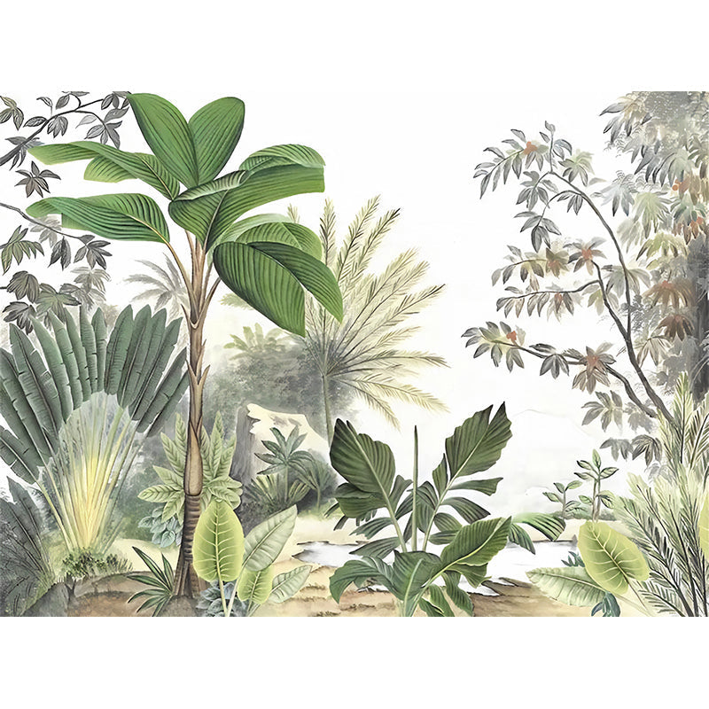 Tapeta Palmera Tropikalna | Dekoracja Botaniczna | Flizelina Zielona z Liśćmi w Stylu Ilustracyjnym