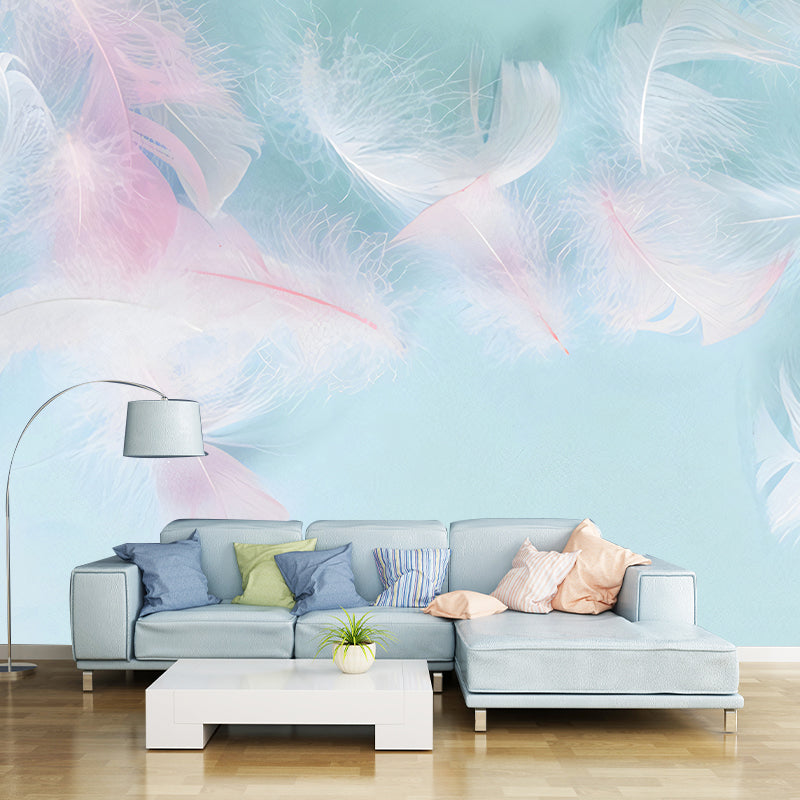Tapeta Feather Mist | Dekoracja Ścienna do Pokoju Dziewczynki | Flizelina Różowo-Niebieska z Motywem Piór
