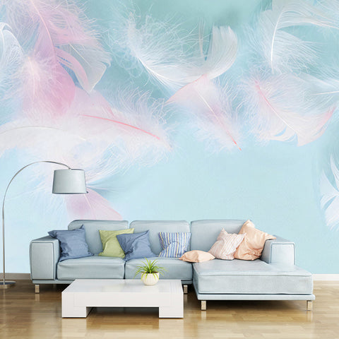 Tapeta Feather Mist | Dekoracja Ścienna do Pokoju Dziewczynki | Flizelina Różowo-Niebieska z Motywem Piór