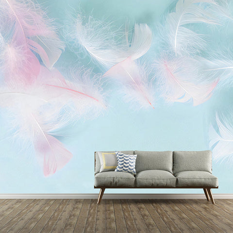 Tapeta Feather Mist | Dekoracja Ścienna do Pokoju Dziewczynki | Flizelina Różowo-Niebieska z Motywem Piór