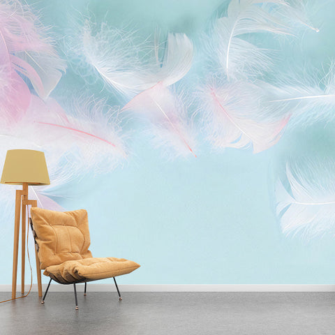 Tapeta Feather Mist | Dekoracja Ścienna do Pokoju Dziewczynki | Flizelina Różowo-Niebieska z Motywem Piór
