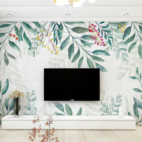 Tapeta Lively Leaves | Aquarelowa Roślinna Dekoracja Ścienna | Flizelina Zielona z Motywem Liści