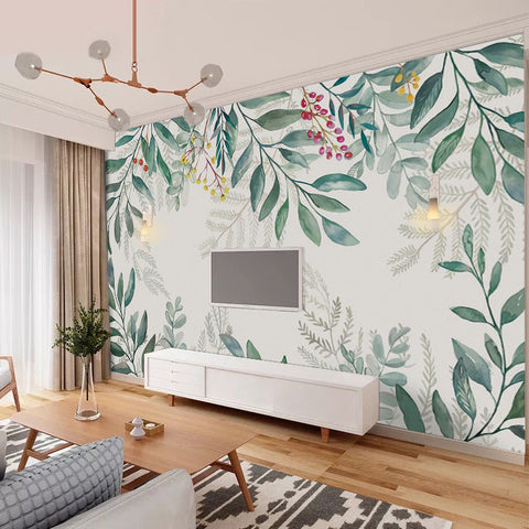Tapeta Lively Leaves | Aquarelowa Roślinna Dekoracja Ścienna | Flizelina Zielona z Motywem Liści
