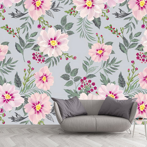 Tapeta Lilla Bloom | Kwiatowy Motyw Ilustracyjny | Flizelina Różowo-Zielona