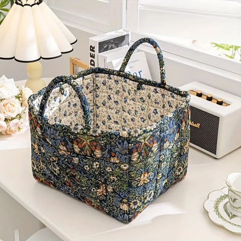 VintageBloom Organizer | Kosz na Tekstylia | Pikowany Bawełniany Kosz z Uchwytem